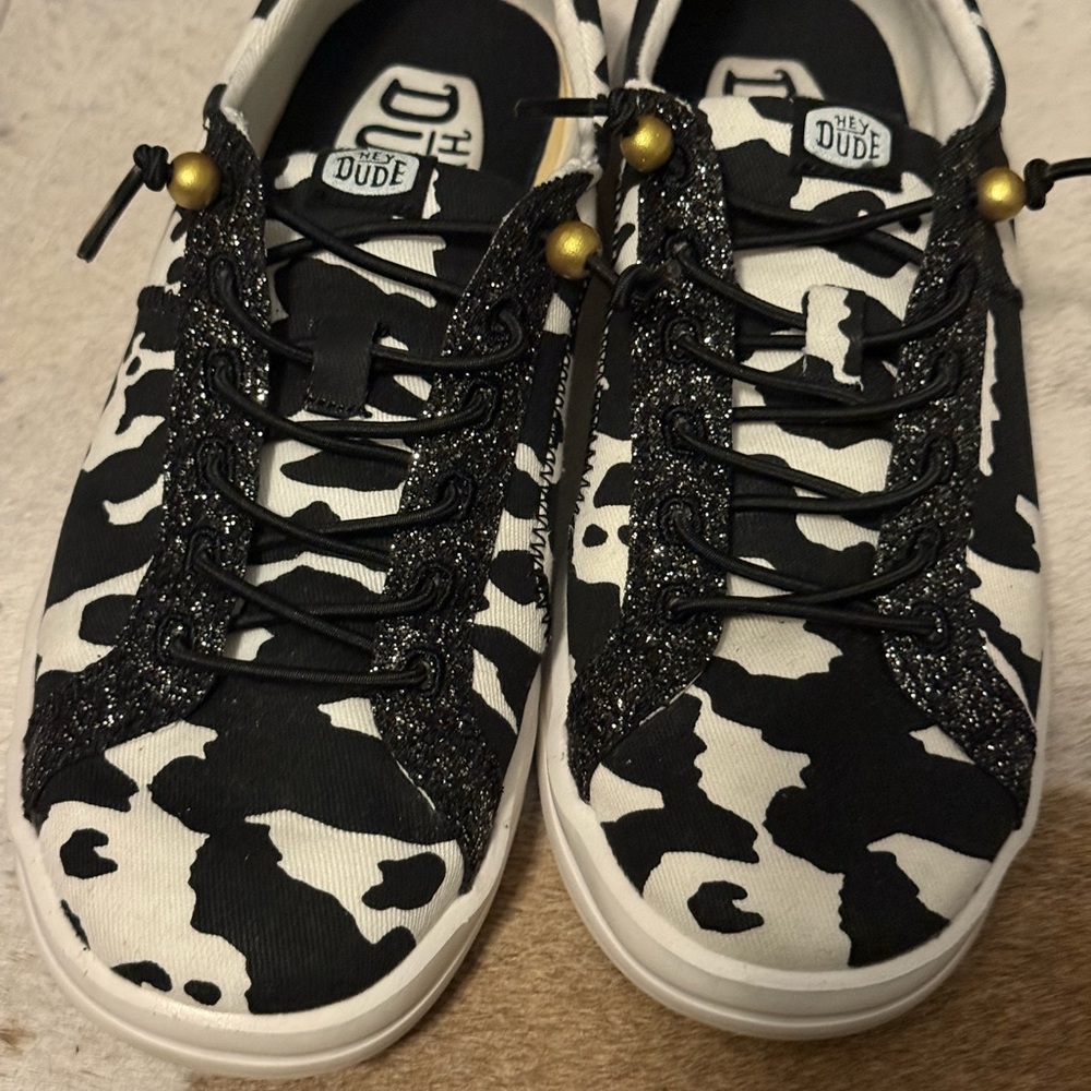 Hey Dude Black & White Cow Print Sneakers